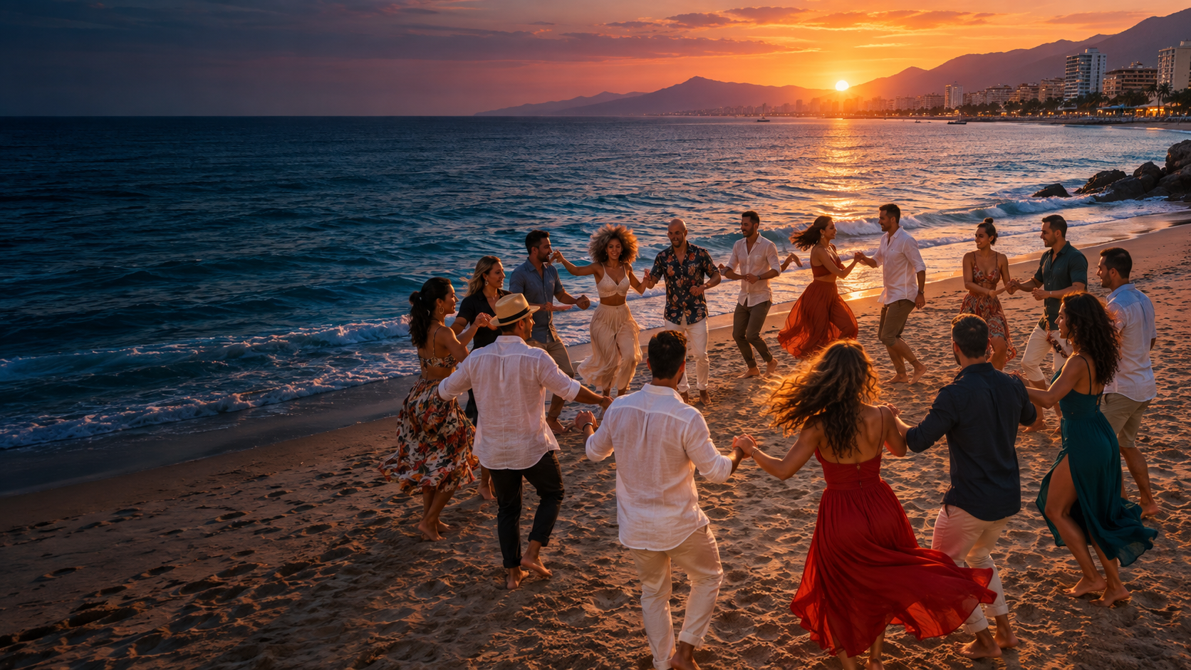 Casino Rueda dancers by the sea at sunset